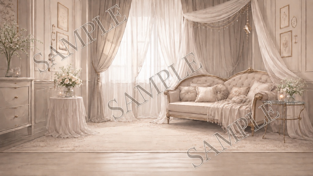 【配信背景】Sheer Ivory Salon|白と透け感の上品サロン背景 12枚セット