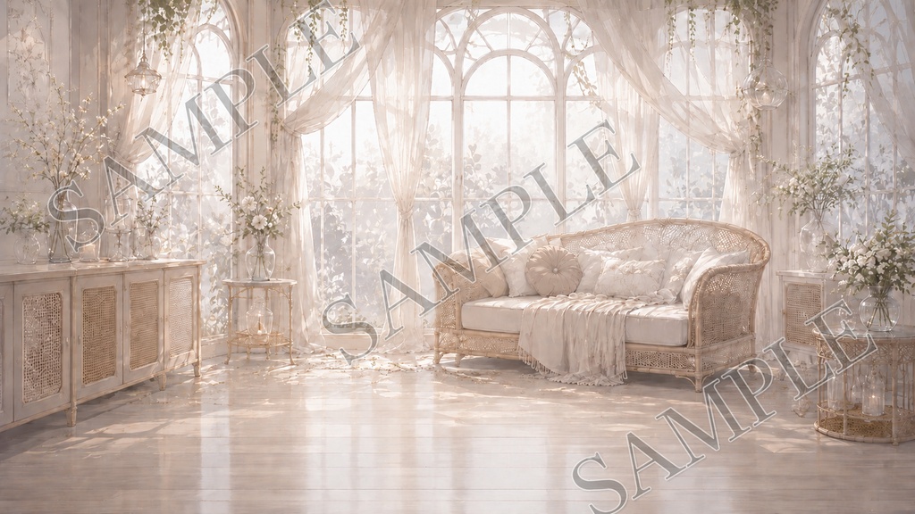 【配信背景】Sheer Ivory Salon|白と透け感の上品サロン背景 12枚セット