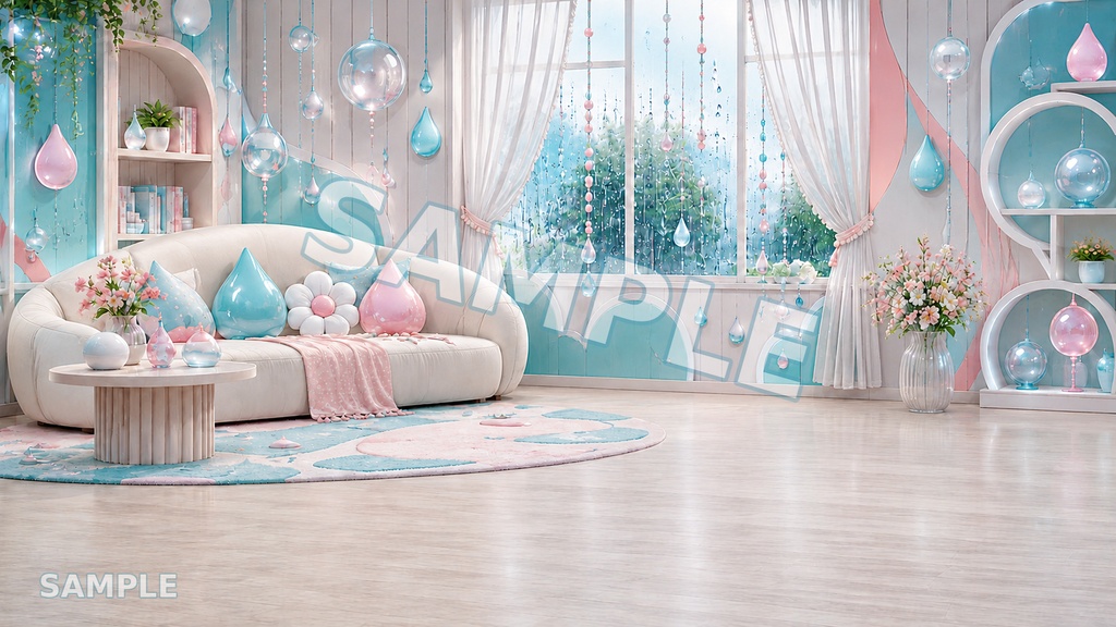 【配信用背景】Rainy Pop Drop|雨粒×パステルルーム背景 12枚セット