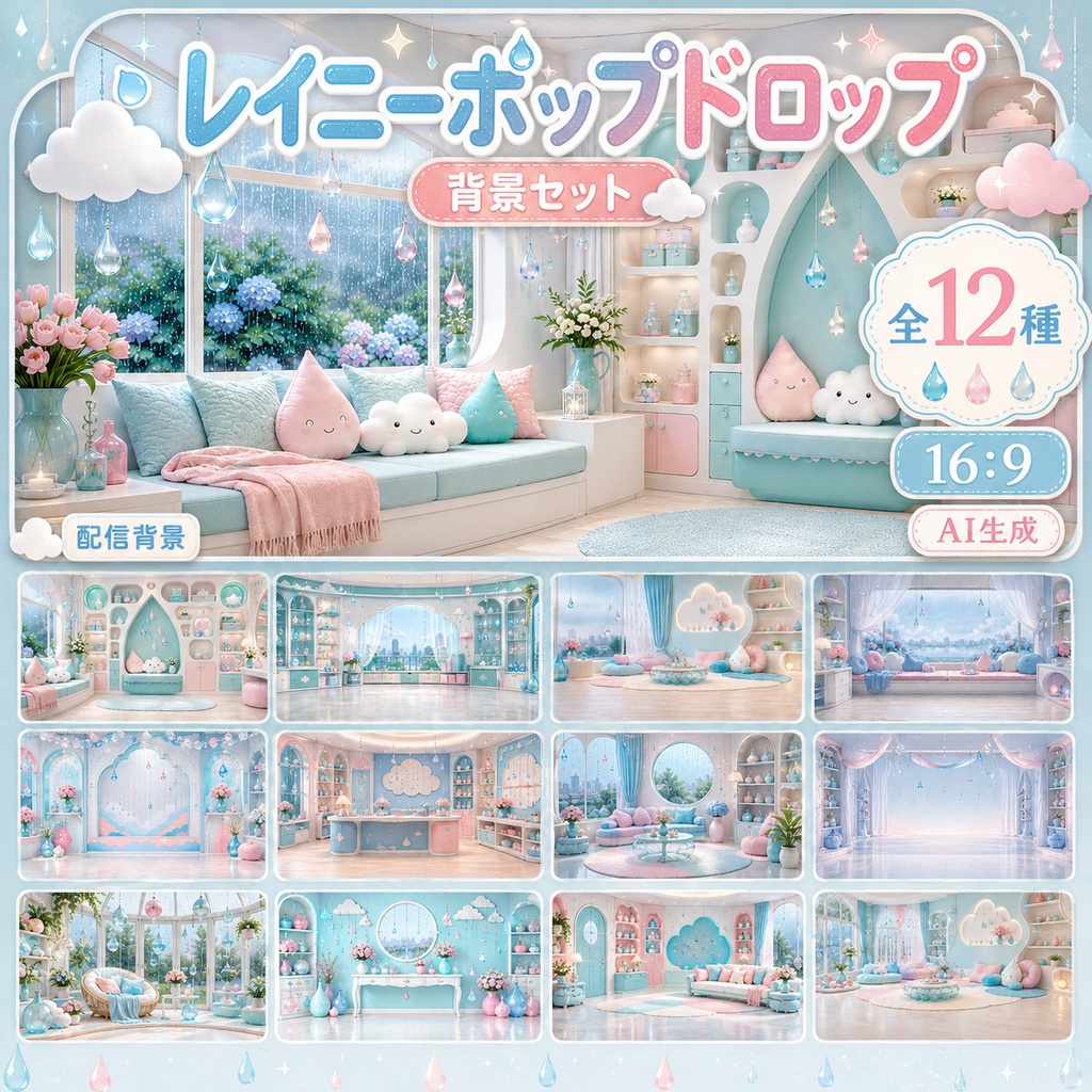 【配信用背景】Rainy Pop Drop｜雨粒×パステルルーム背景 12枚セット