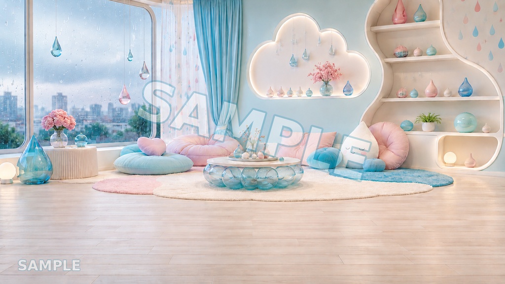 【配信用背景】Rainy Pop Drop|雨粒×パステルルーム背景 12枚セット