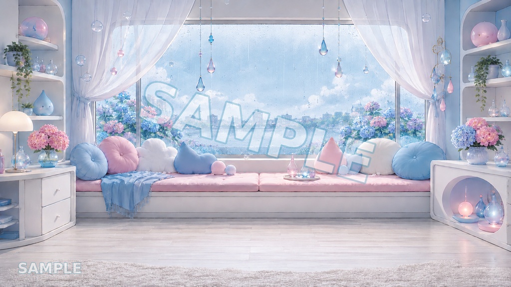 【配信用背景】Rainy Pop Drop|雨粒×パステルルーム背景 12枚セット