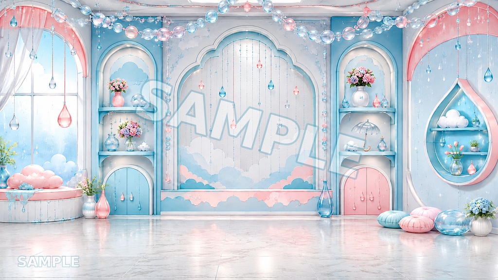 【配信用背景】Rainy Pop Drop|雨粒×パステルルーム背景 12枚セット