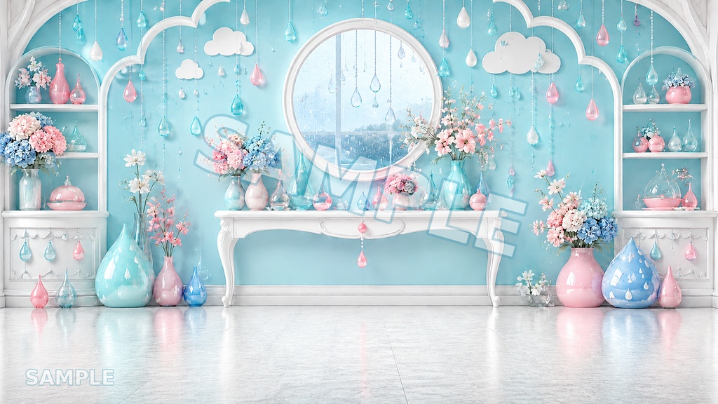 【配信用背景】Rainy Pop Drop|雨粒×パステルルーム背景 12枚セット