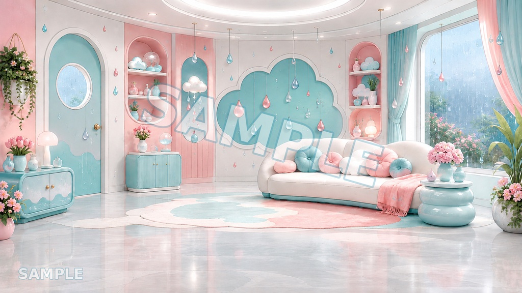 【配信用背景】Rainy Pop Drop|雨粒×パステルルーム背景 12枚セット