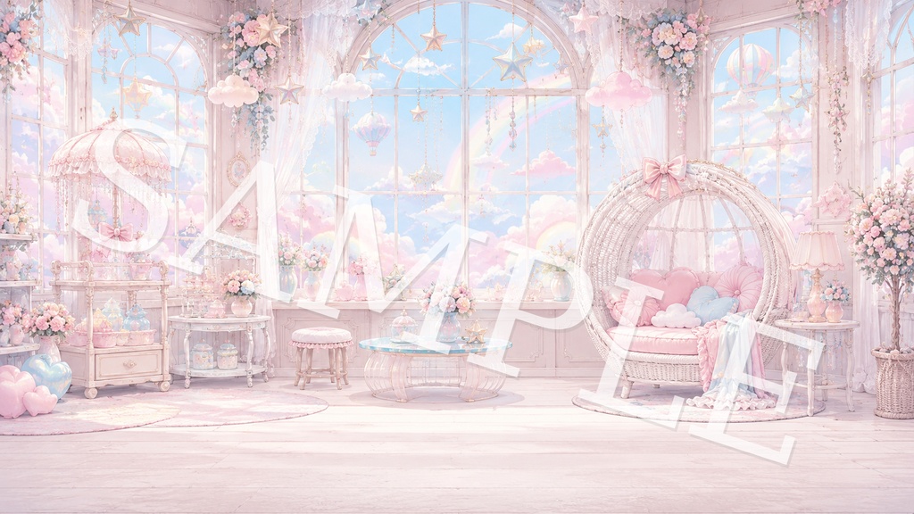【配信背景】ゆめかわキャンディスカイ|パステル虹と雲のふわかわ背景 12枚セット