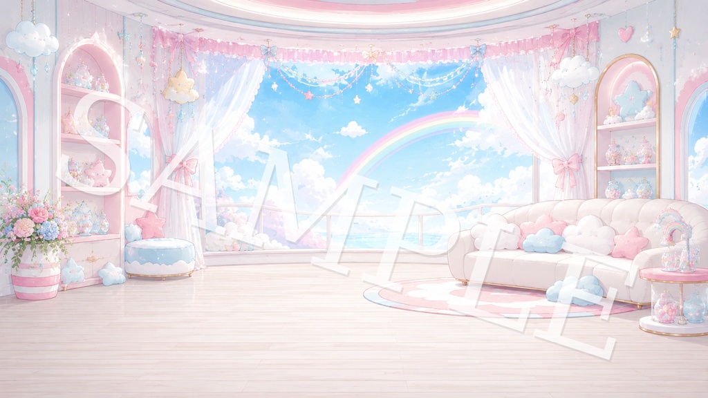【配信背景】ゆめかわキャンディスカイ|パステル虹と雲のふわかわ背景 12枚セット