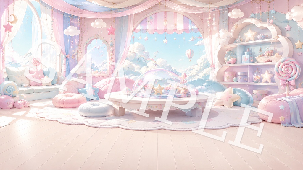 【配信背景】ゆめかわキャンディスカイ|パステル虹と雲のふわかわ背景 12枚セット