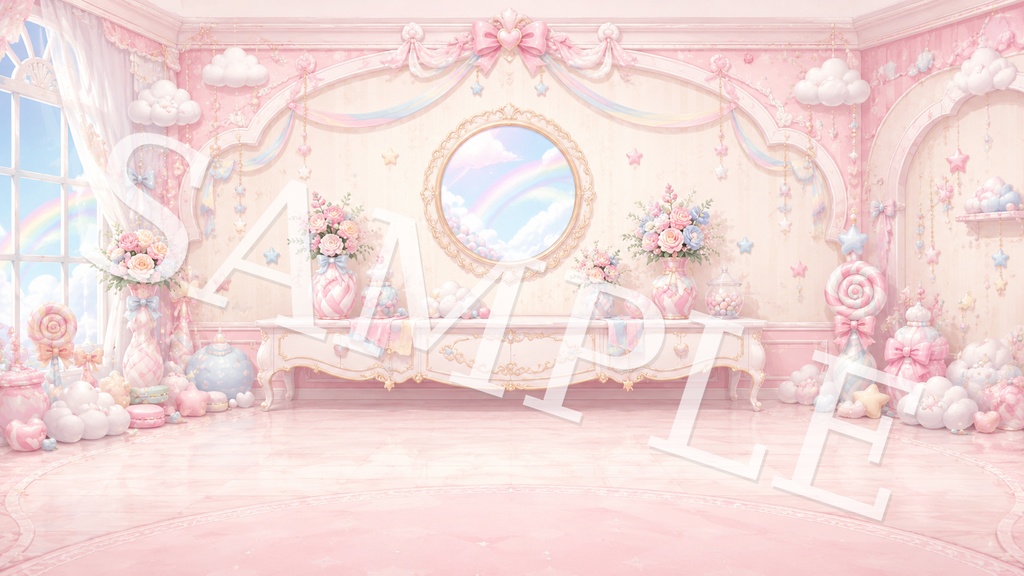 【配信背景】ゆめかわキャンディスカイ|パステル虹と雲のふわかわ背景 12枚セット