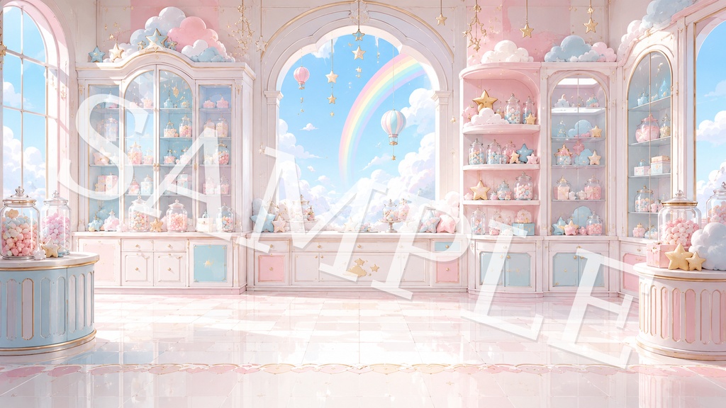 【配信背景】ゆめかわキャンディスカイ|パステル虹と雲のふわかわ背景 12枚セット