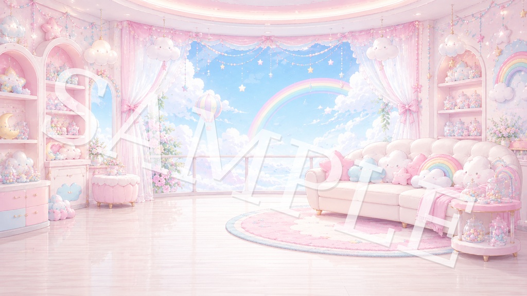 【配信背景】ゆめかわキャンディスカイ|パステル虹と雲のふわかわ背景 12枚セット