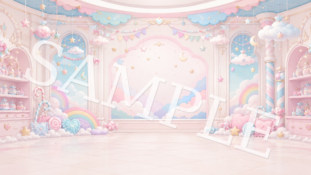 【配信背景】ゆめかわキャンディスカイ|パステル虹と雲のふわかわ背景 12枚セット