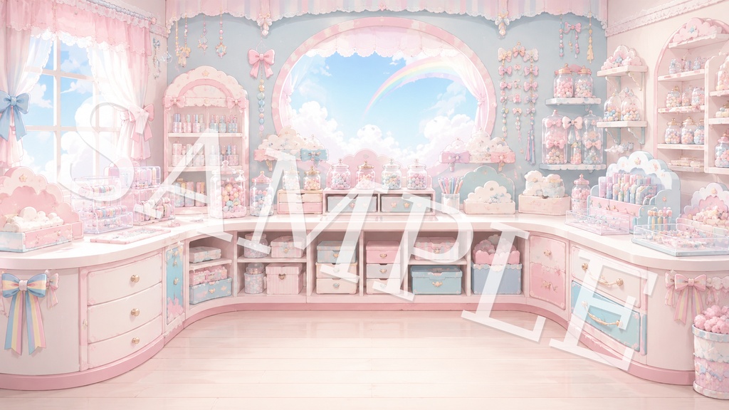【配信背景】ゆめかわキャンディスカイ|パステル虹と雲のふわかわ背景 12枚セット