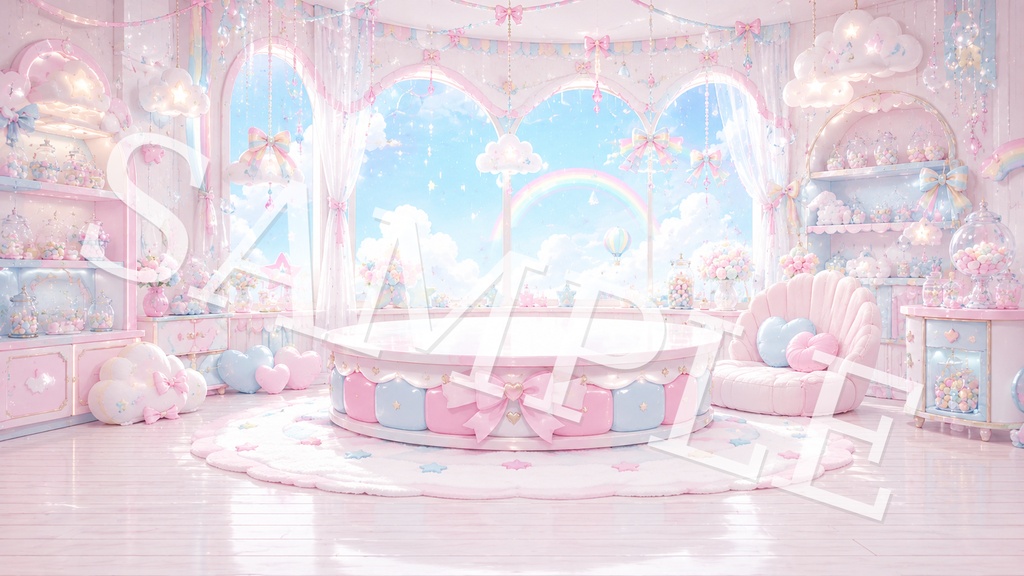 【配信背景】ゆめかわキャンディスカイ|パステル虹と雲のふわかわ背景 12枚セット