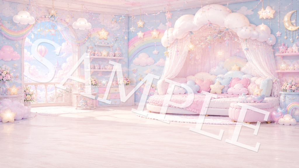 【配信背景】ゆめかわキャンディスカイ|パステル虹と雲のふわかわ背景 12枚セット