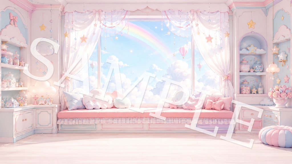 【配信背景】ゆめかわキャンディスカイ|パステル虹と雲のふわかわ背景 12枚セット