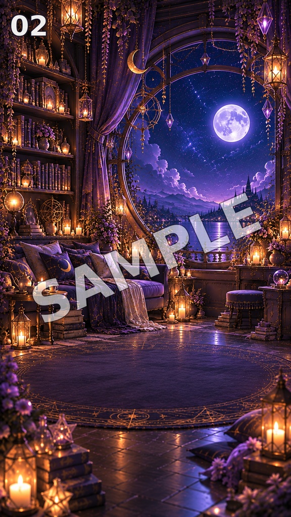 【縦型背景素材】魔女の夜更かしルーム|幻想的なハロウィン縦型背景 7枚セット