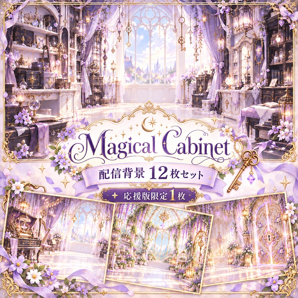 【配信背景12枚セット＋応援版限定1枚】マジカルキャビネット｜くすみ紫×アンティーク【EdelWeiss】