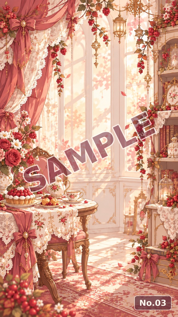 【縦型配信背景】オータムベリータペストリー|秋色ベリー×アンティーク|6枚セット|VTuber・配信素材
