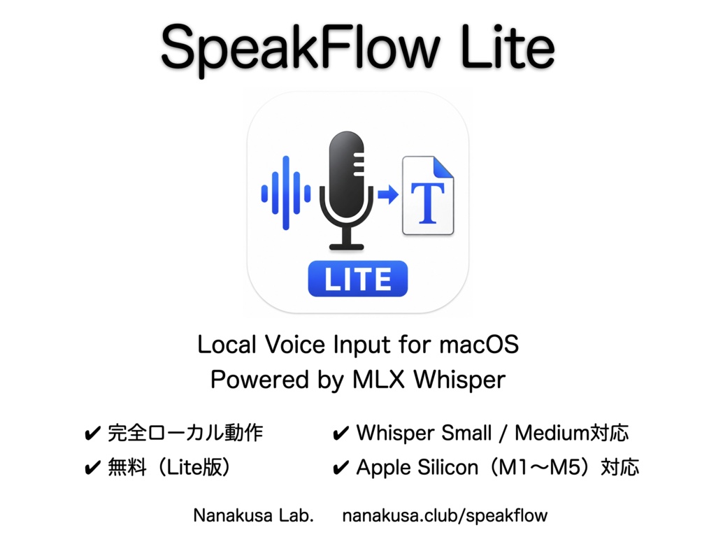 SpeakFlow Lite（macOS ローカル音声入力）
