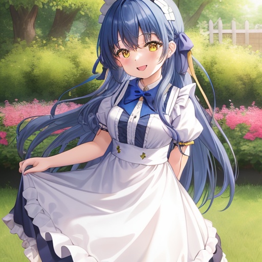 青いロングヘアのメイド