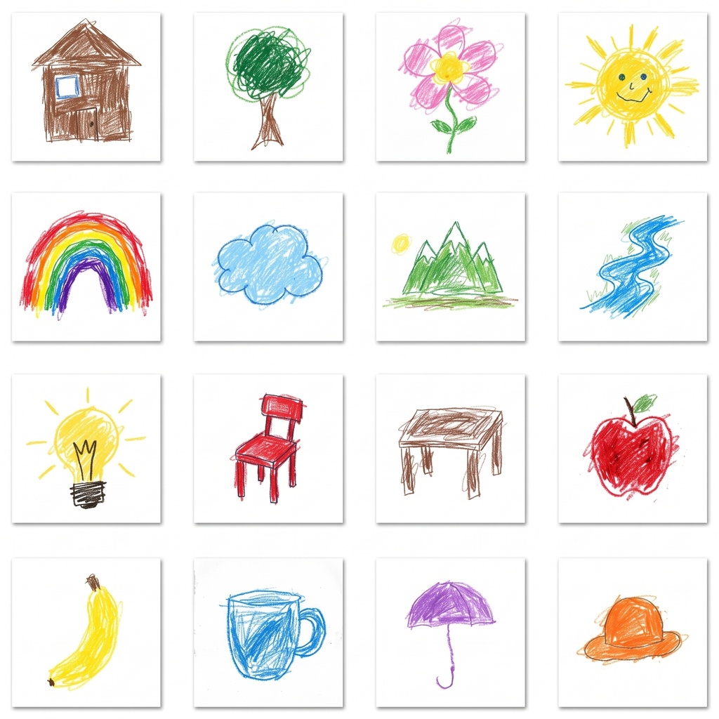 【商用利用可】子供のクレヨン絵風 くらしイラスト素材16枚 JPG・白背景（AI生成）