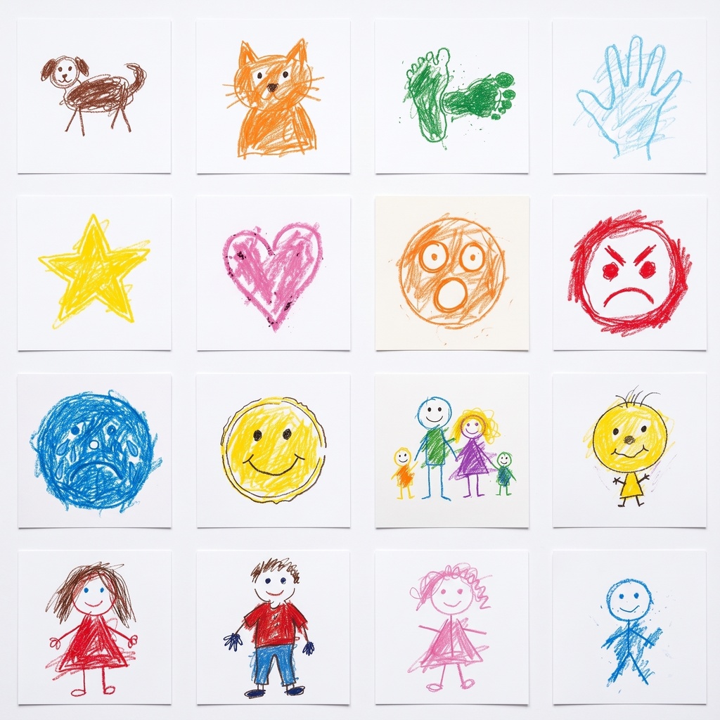 【商用利用可】子供のクレヨン絵風 ひと・きもちイラスト素材16枚 JPG・白背景(AI生成)