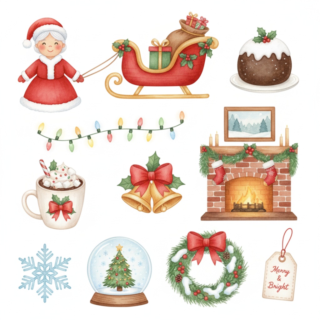 水彩風クリスマスアイテム・クリップアートセット(PNG形式)