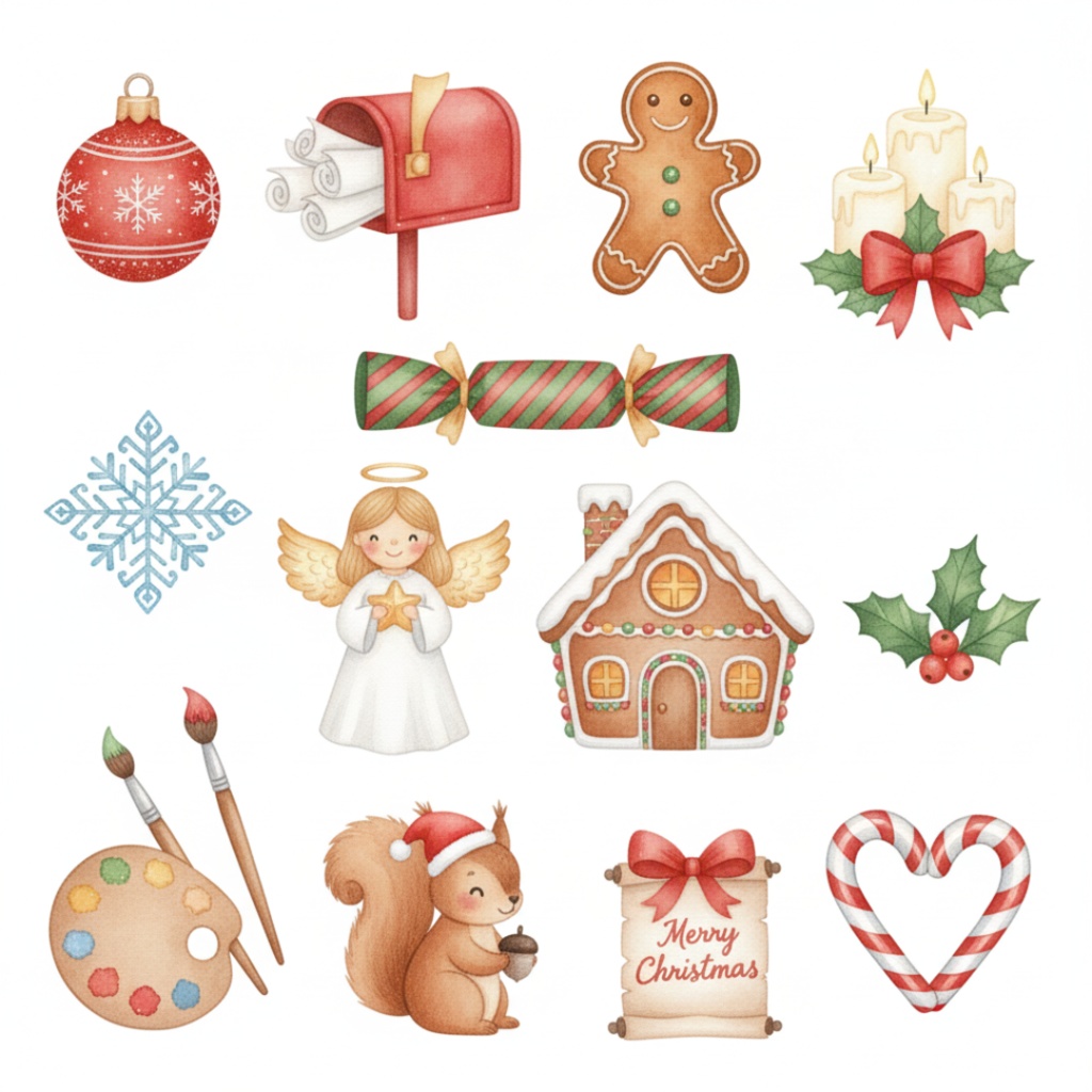 水彩風クリスマスアイテム・クリップアートセット(PNG形式)