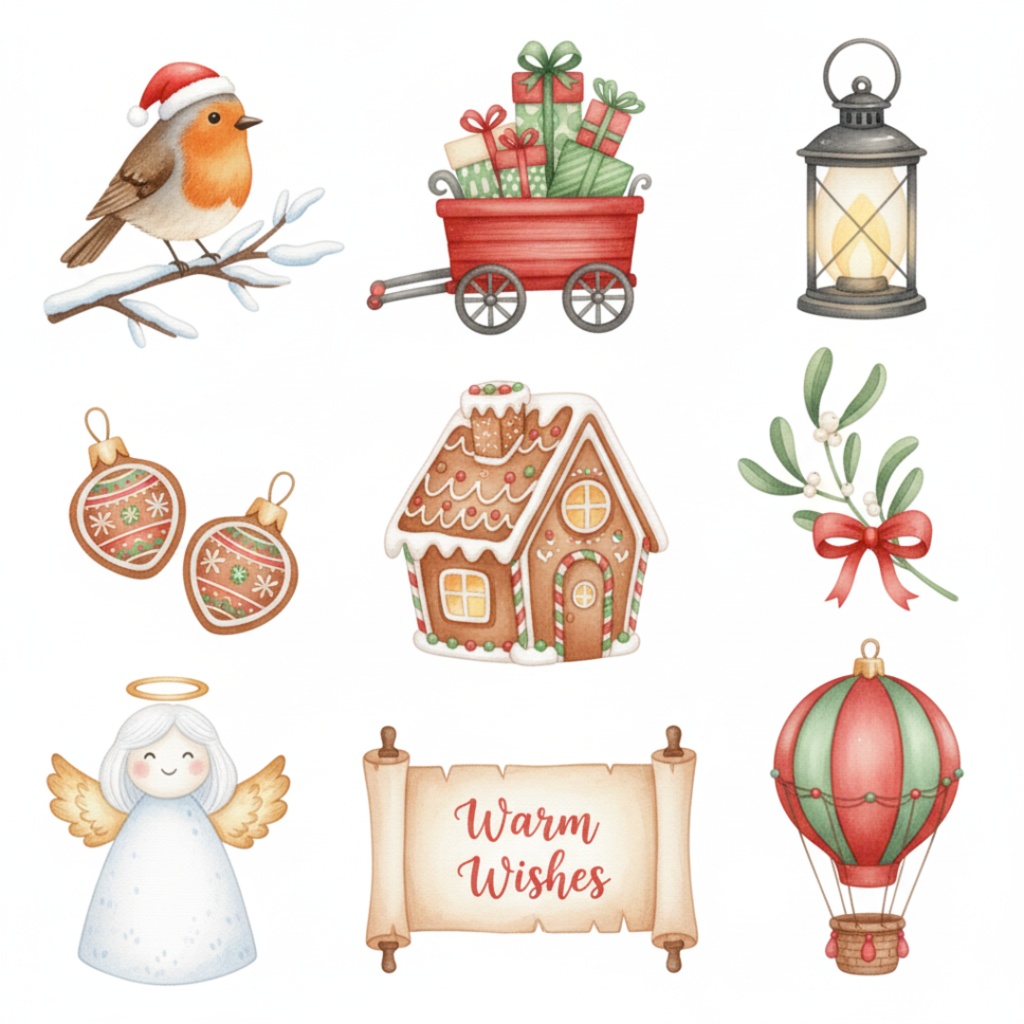 水彩風クリスマスアイテム・クリップアートセット(PNG形式)