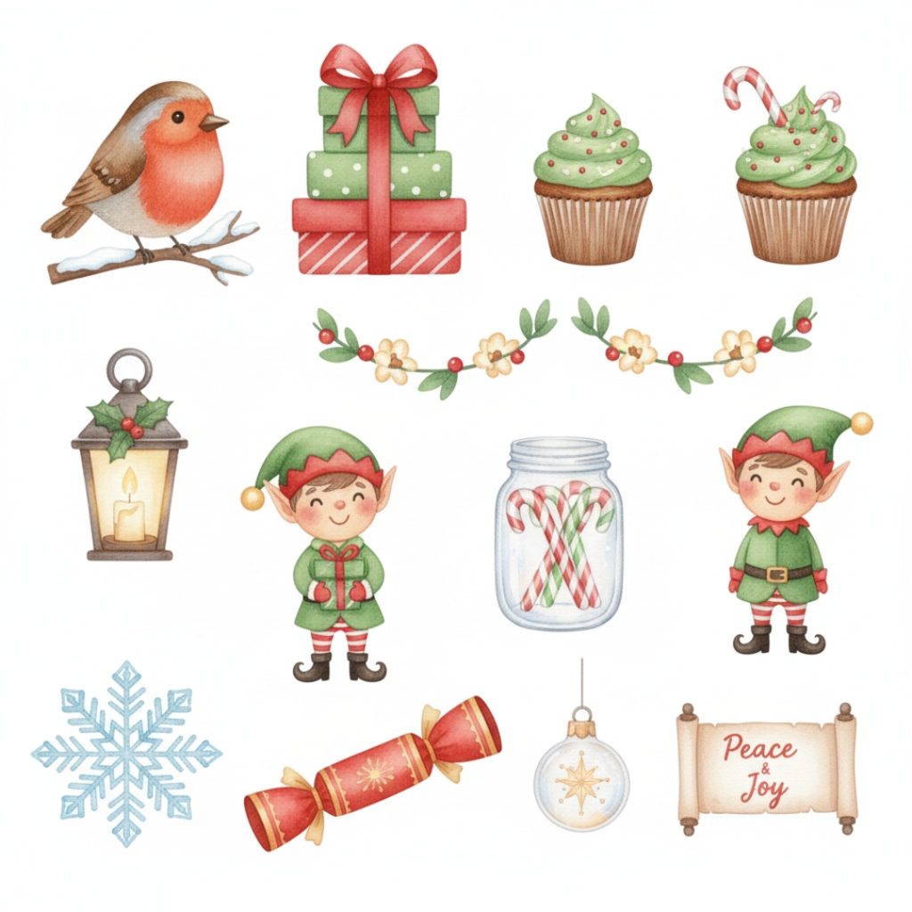 水彩風クリスマスアイテム・クリップアートセット(PNG形式)