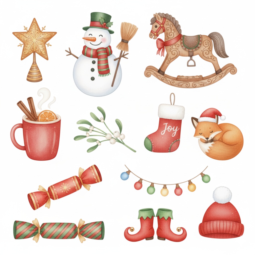 水彩風クリスマスアイテム・クリップアートセット(PNG形式)