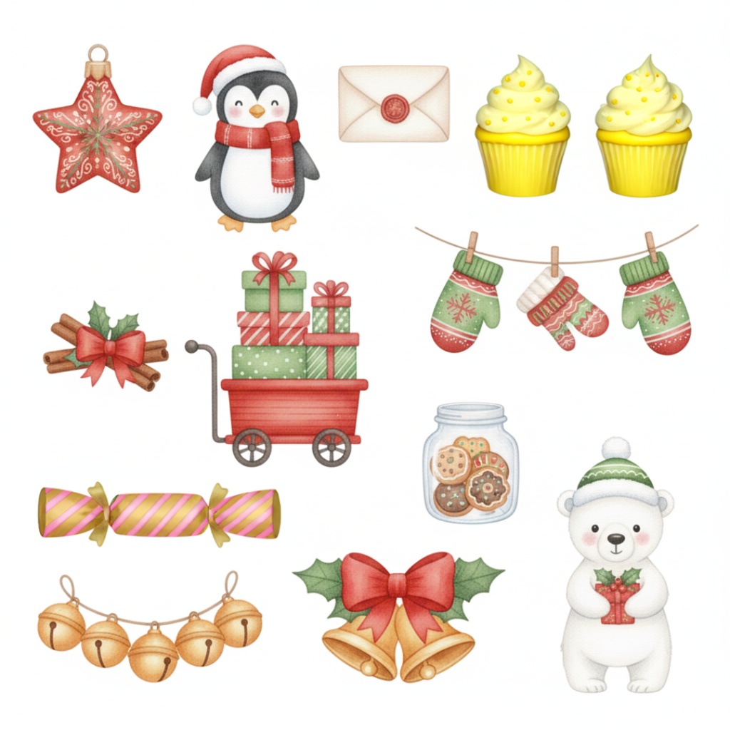 水彩風クリスマスアイテム・クリップアートセット(PNG形式)