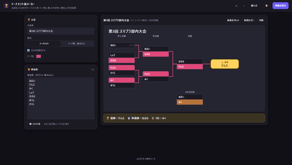 トーナメント表メーカー【インストール不要・ブラウザで動く】