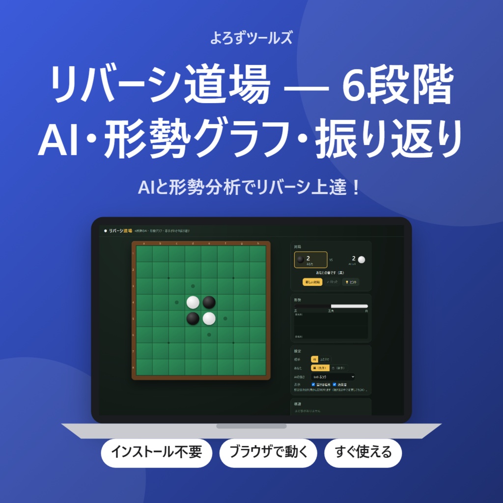 【無料】リバーシ道場 — 6段階AI・形勢グラフ・振り返り【インストール不要・ブラウザで動く】