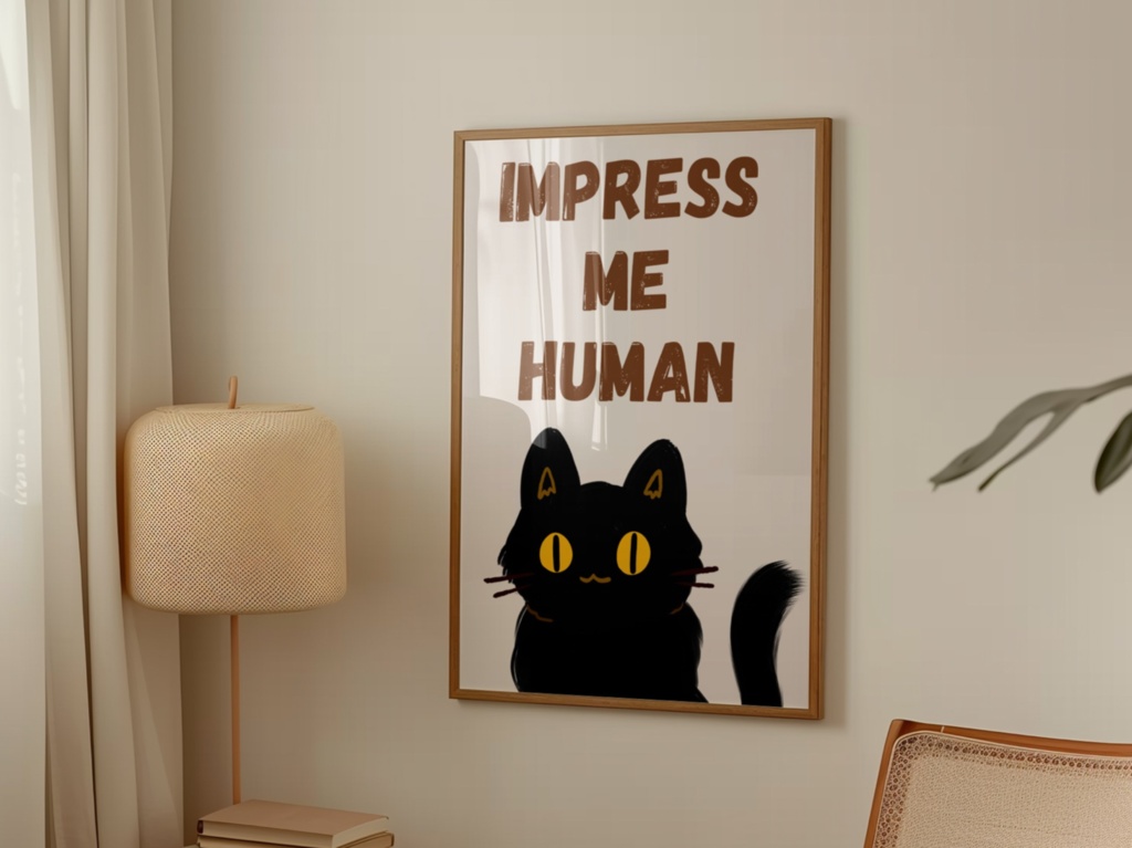 黒猫イラスト｜Cute Black Cat Poster – “Impress Me Human”｜デジタルダウンロード