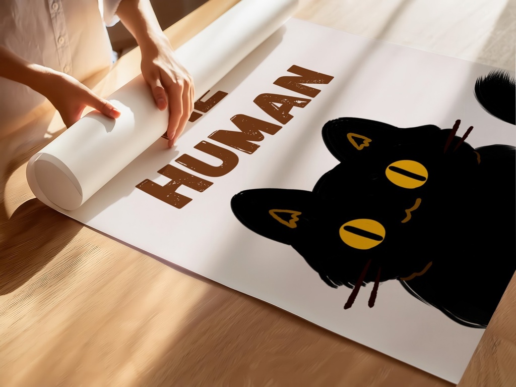 黒猫イラスト|Cute Black Cat Poster – “Impress Me Human”|デジタルダウンロード