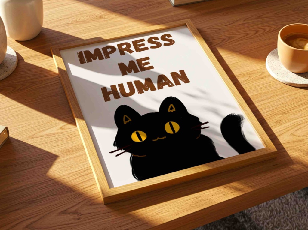黒猫イラスト|Cute Black Cat Poster – “Impress Me Human”|デジタルダウンロード