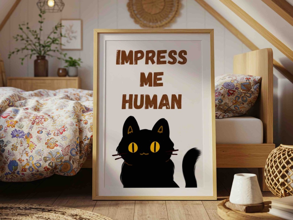 黒猫イラスト|Cute Black Cat Poster – “Impress Me Human”|デジタルダウンロード