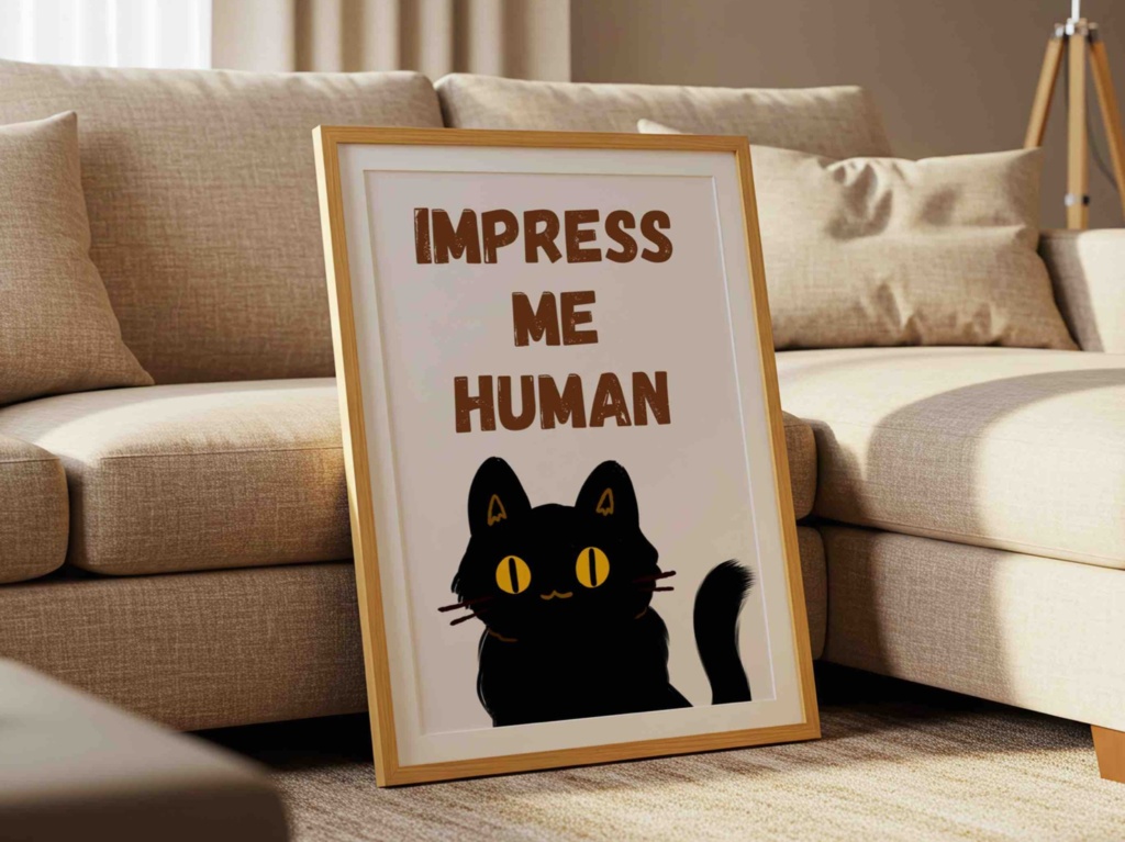 黒猫イラスト|Cute Black Cat Poster – “Impress Me Human”|デジタルダウンロード
