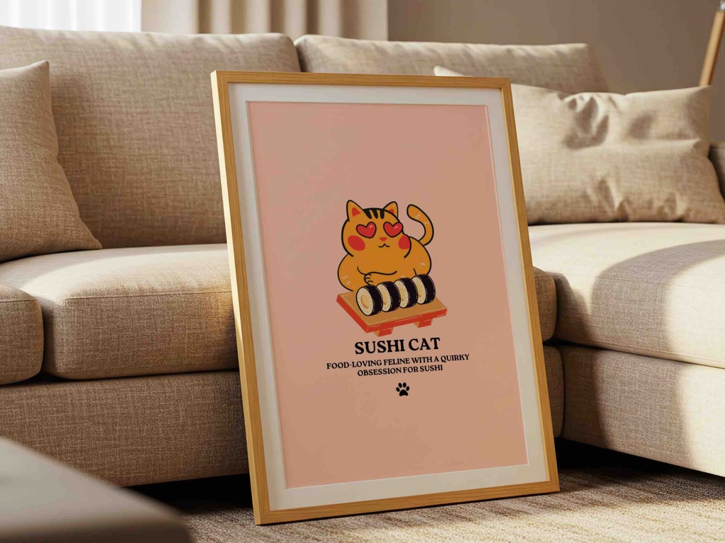 寿司猫ポスター Sushi Cat Kawaii Wall Art|可愛い猫 イラスト デジタルプリント|Printable インテリアアート