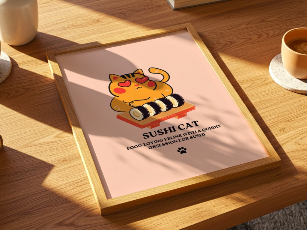 寿司猫ポスター Sushi Cat Kawaii Wall Art|可愛い猫 イラスト デジタルプリント|Printable インテリアアート