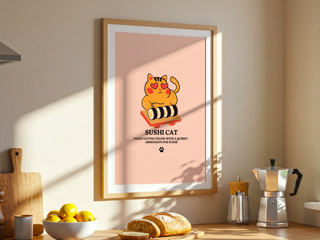 寿司猫ポスター Sushi Cat Kawaii Wall Art|可愛い猫 イラスト デジタルプリント|Printable インテリアアート
