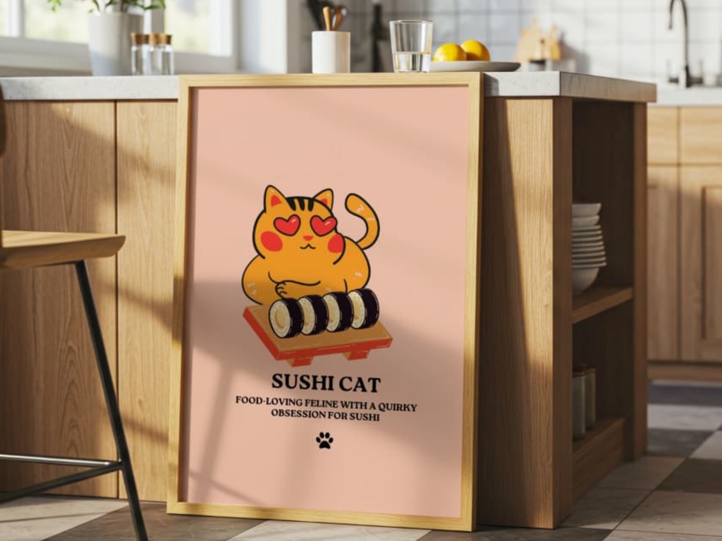 寿司猫ポスター Sushi Cat Kawaii Wall Art|可愛い猫 イラスト デジタルプリント|Printable インテリアアート