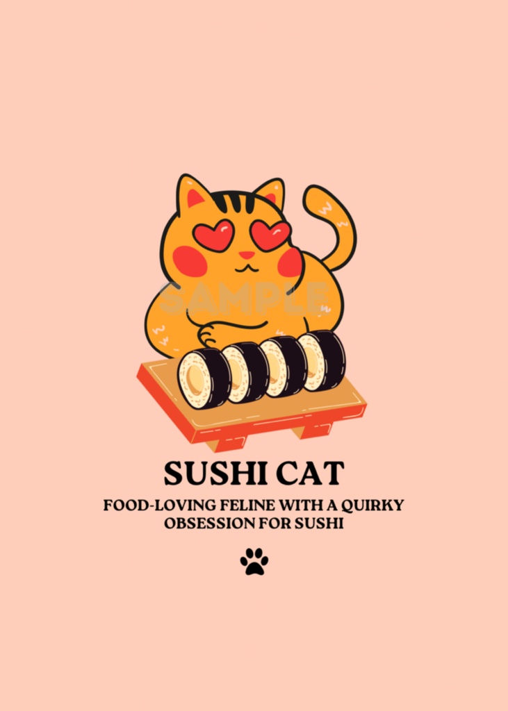 寿司猫ポスター Sushi Cat Kawaii Wall Art｜可愛い猫 イラスト デジタルプリント｜Printable インテリアアート
