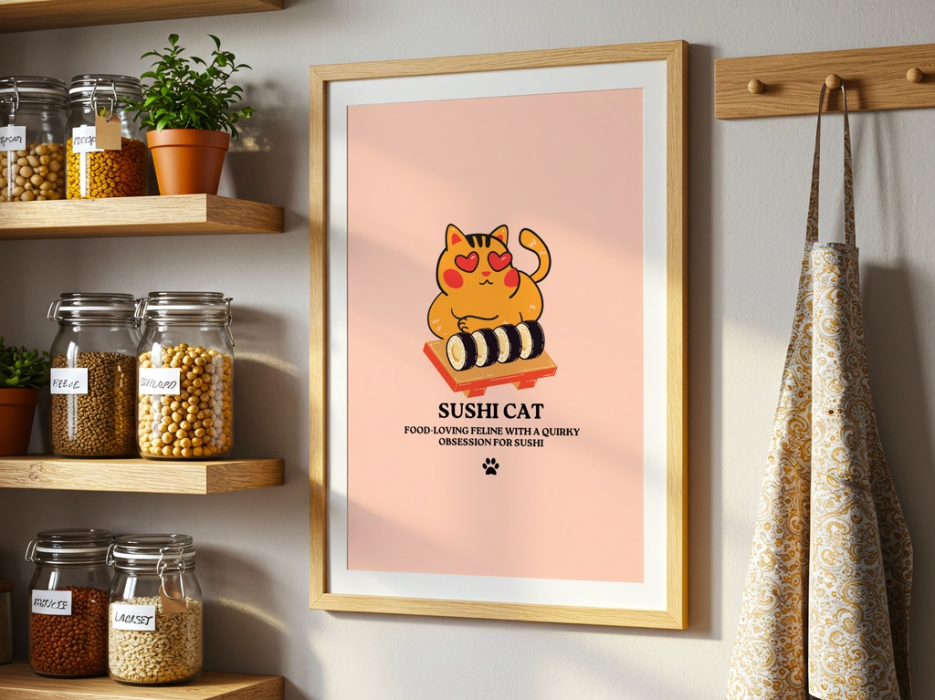 寿司猫ポスター Sushi Cat Kawaii Wall Art|可愛い猫 イラスト デジタルプリント|Printable インテリアアート