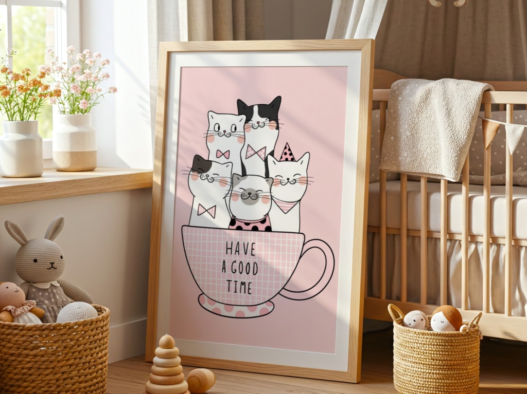 猫 イラスト 可愛い|かわいい 猫ポスター 子供部屋・ベビールーム向け 癒し パステル デジタルダウンロード | Kawaii Cat Nursery Wall Art Printable