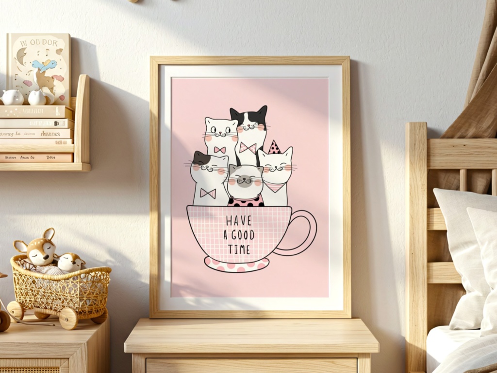 猫 イラスト 可愛い|かわいい 猫ポスター 子供部屋・ベビールーム向け 癒し パステル デジタルダウンロード | Kawaii Cat Nursery Wall Art Printable