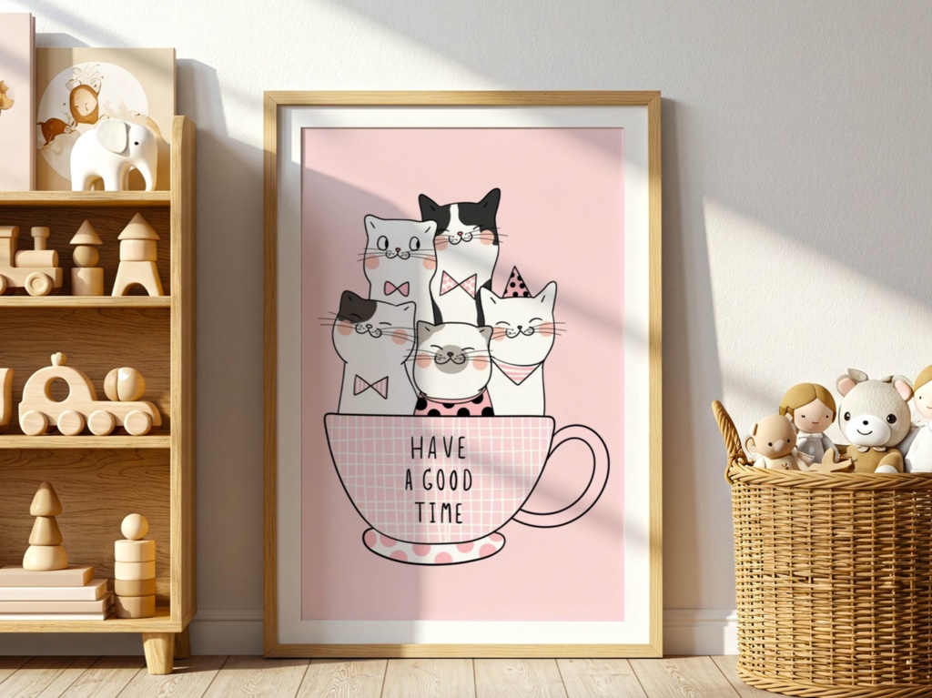 猫 イラスト 可愛い|かわいい 猫ポスター 子供部屋・ベビールーム向け 癒し パステル デジタルダウンロード | Kawaii Cat Nursery Wall Art Printable