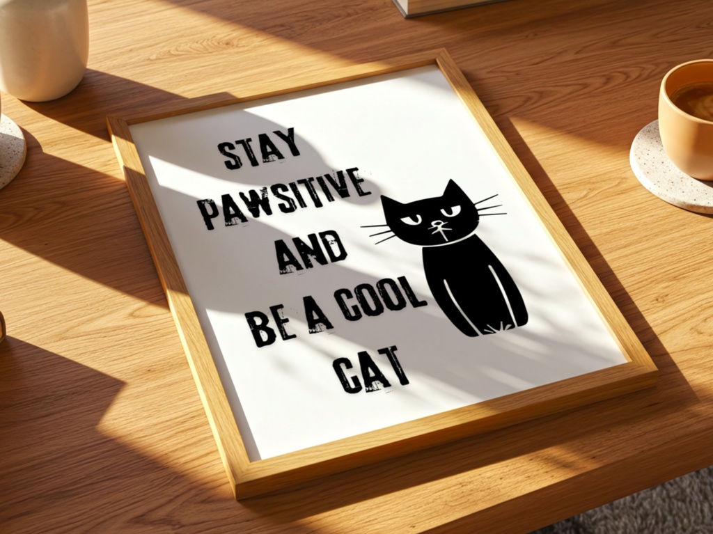 Stay Pawsitive 猫アート|Cat Quote Wall Art Printable|Minimalist Black Cat Poster デジタルダウンロード